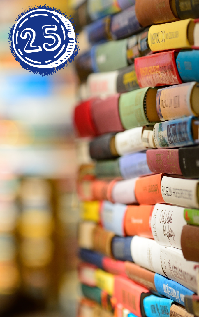 stack of books with 25 cent stamp