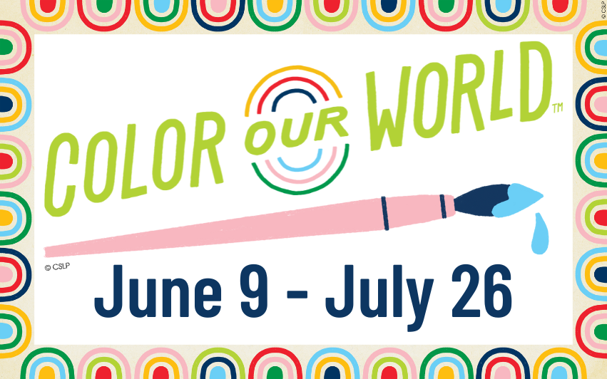 decorative banner that says Color Our World June 9 through July 26 with a paintbrush