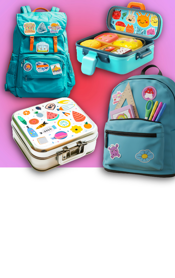 backpacks and lunch boxes with stickers