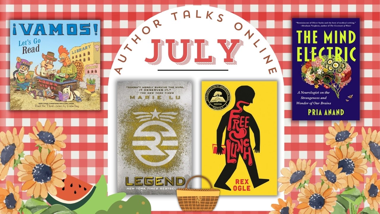 decorative web banner with book titles on a picnic table with sunflowers