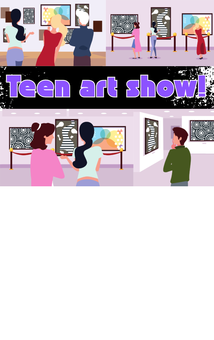 Teens standing in front of art in a gallery graphic