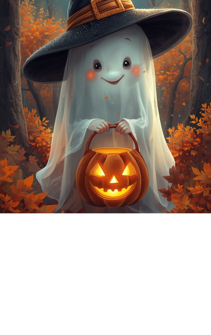 cute illustration of a gohost with rosy cheeks & a witch hat holding a jack-o-lantern