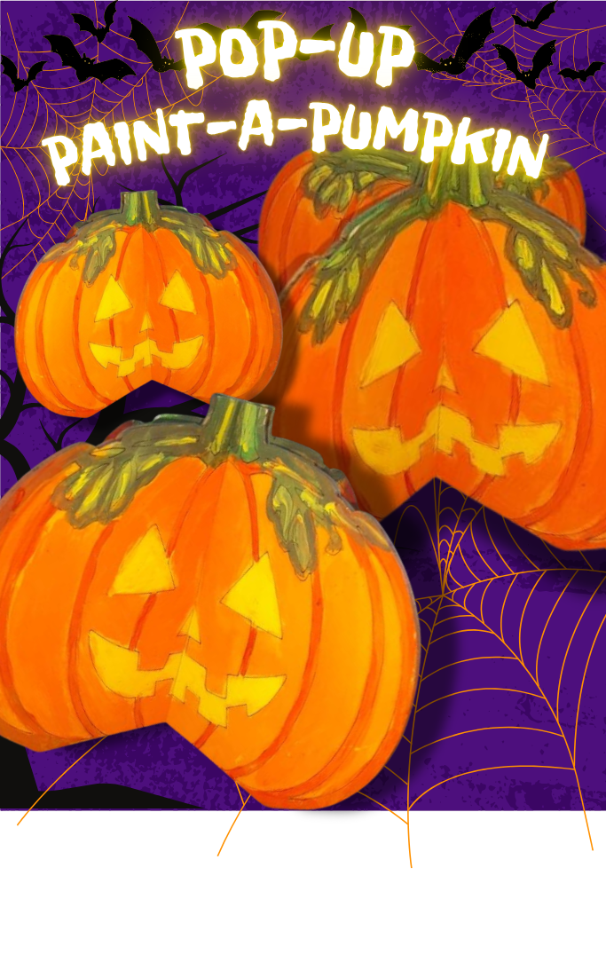 a halloween background of bats and spiderwebs with decorative wooden pumpkins in the foreground