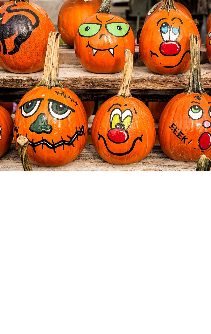 painted pumpkins with funny and silly expressions
