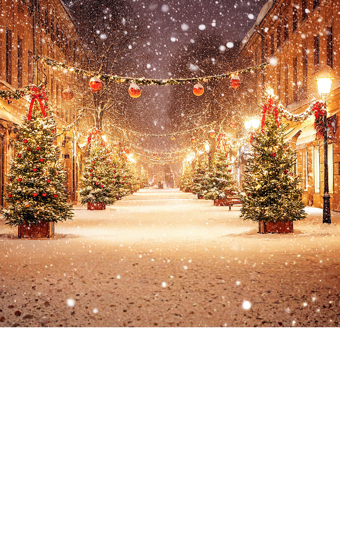 glowing street scene with snow, christmas trees, and christmas lights