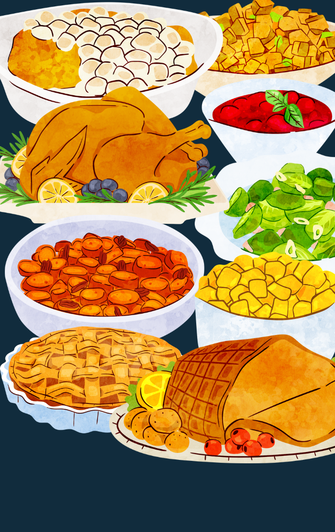 a table set with corn, turkey, carrots, pie, sweet potatoes, cranberries, and more