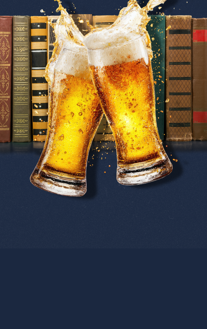 a row of books with two glasses of beer being toasted