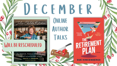 illustrations of a wreath around books advertising books for author talks 