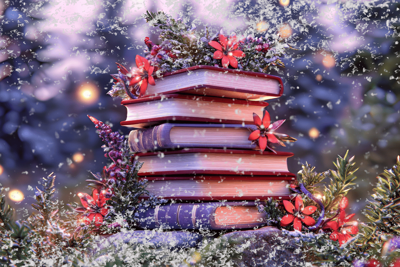 winter backround with pine and snow falling with a stack of books in the middle