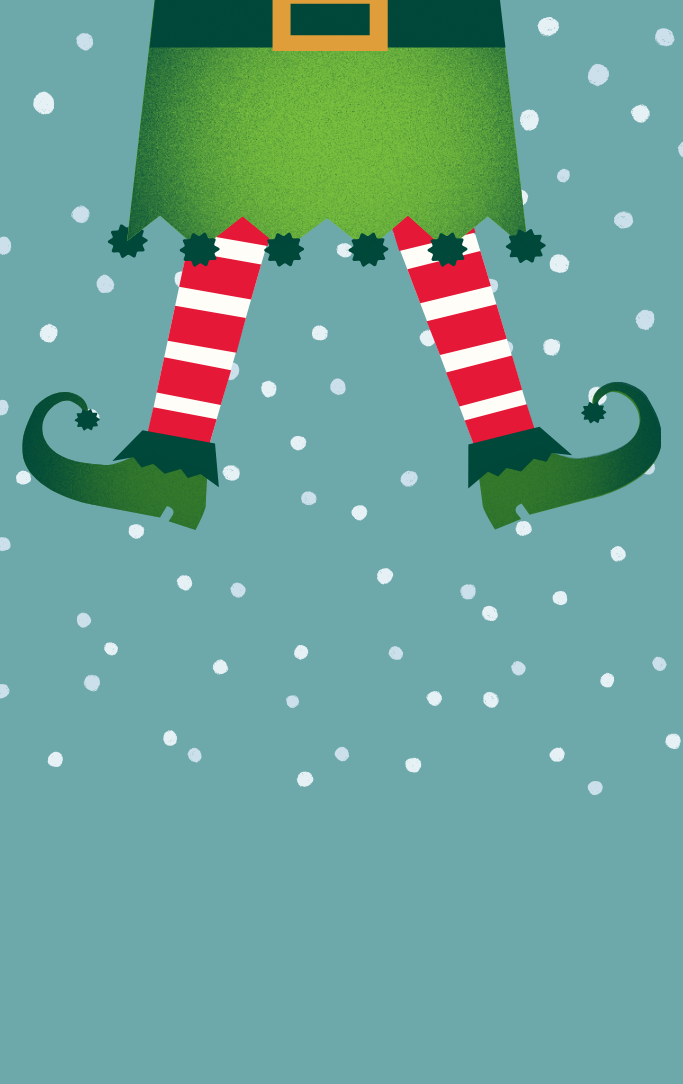 legs with striped socks and curly elf boats with a snowy background
