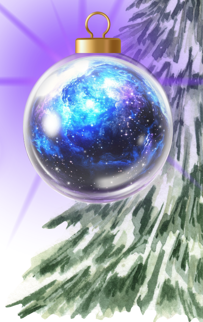 a glowing orb ornament in front of a tree