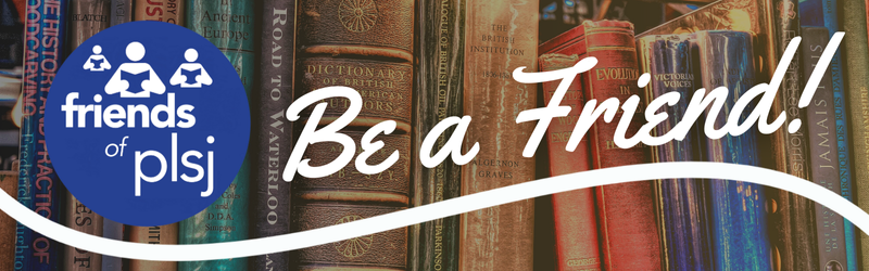 A row of vintage books on a library shelf with the Friends of PLSJ circular logo with 3 illustrations of people reading books in front of it