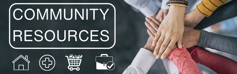 people stacking hands as a sign of togetherness on the right and on the left there is a home icon, a medical icon, a grocery icon, and a job icon