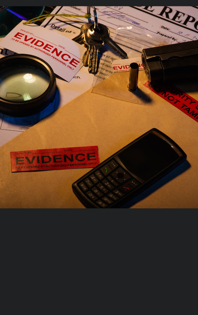 desk with evidence labeled bag, magnifying glass, and items indicating a mystery