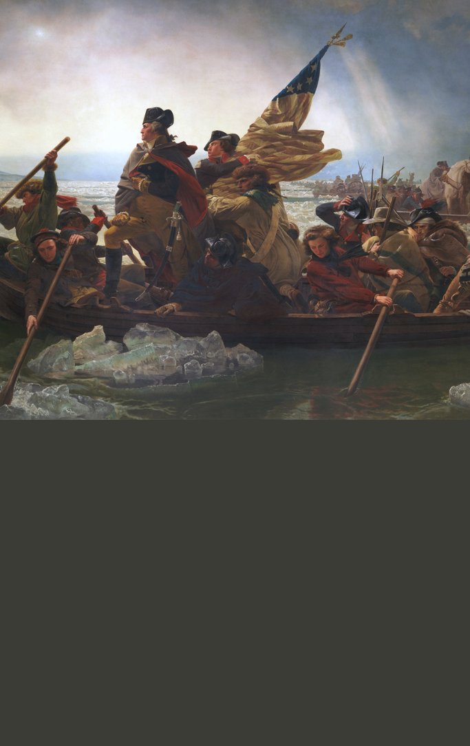 painting of  Washington and army in a boat crossing the Delaware River