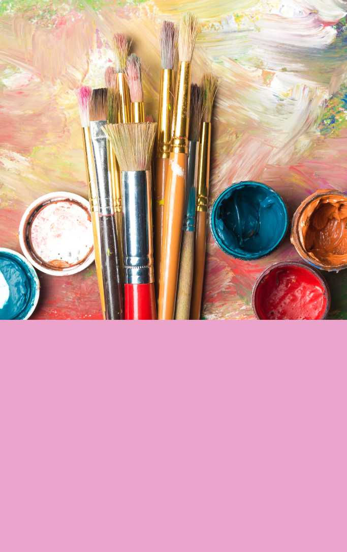 paint brushes and paint cups laid out across a painting with different textures and colors 