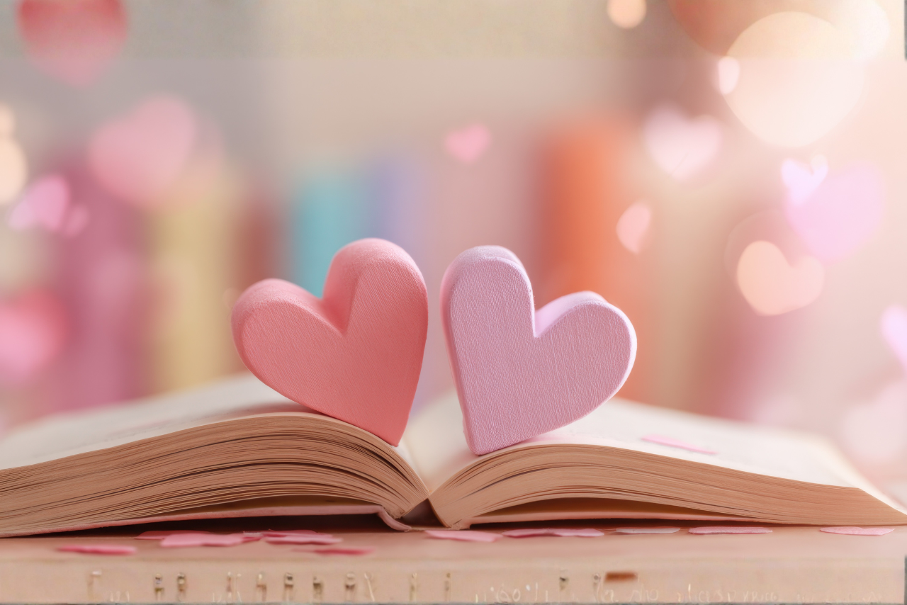 open book with hearts to represent book lovers month/library lovers month