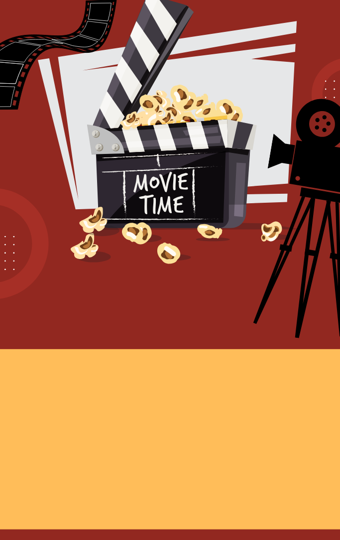 cartoon with a bucket of popcorn overflowing, film splice, and camera