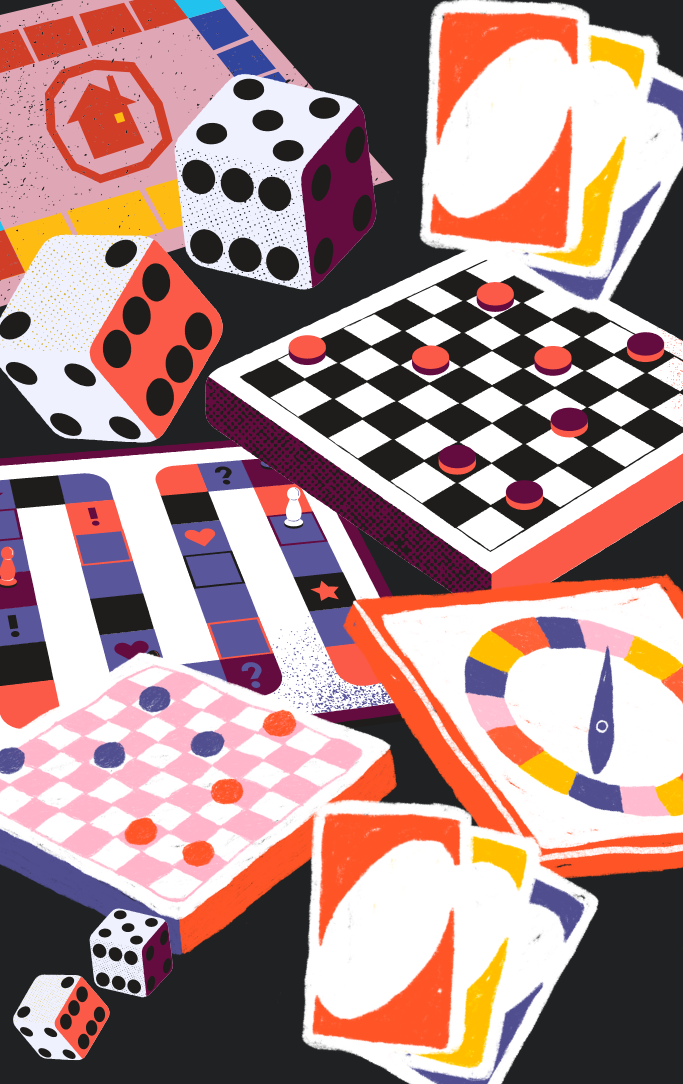 dice, board games, and cards depicting a fun game night