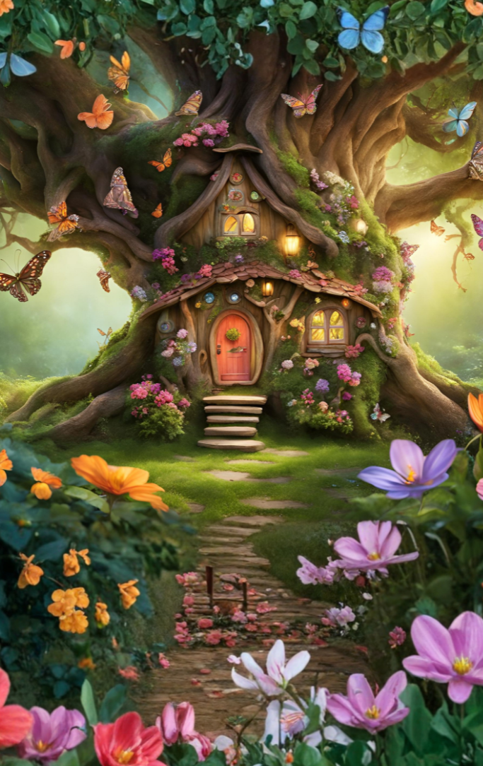 whimsical background with a fairytale-like tree with a tiny door and a glowing light in the forest 