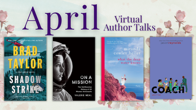 banner with books, cherry blossoms in the background that advertise virtual author talks 