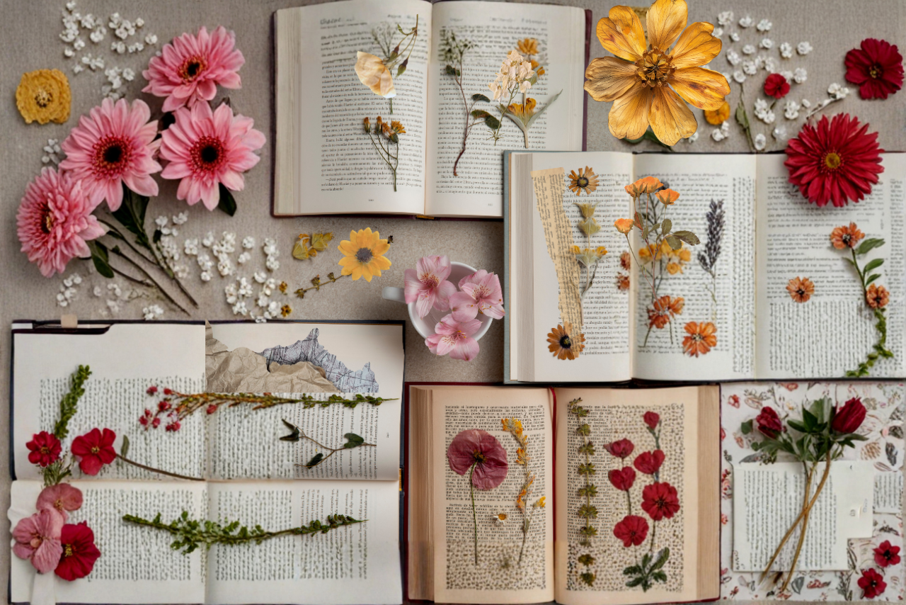 a cheery collage of books and dried flowers 