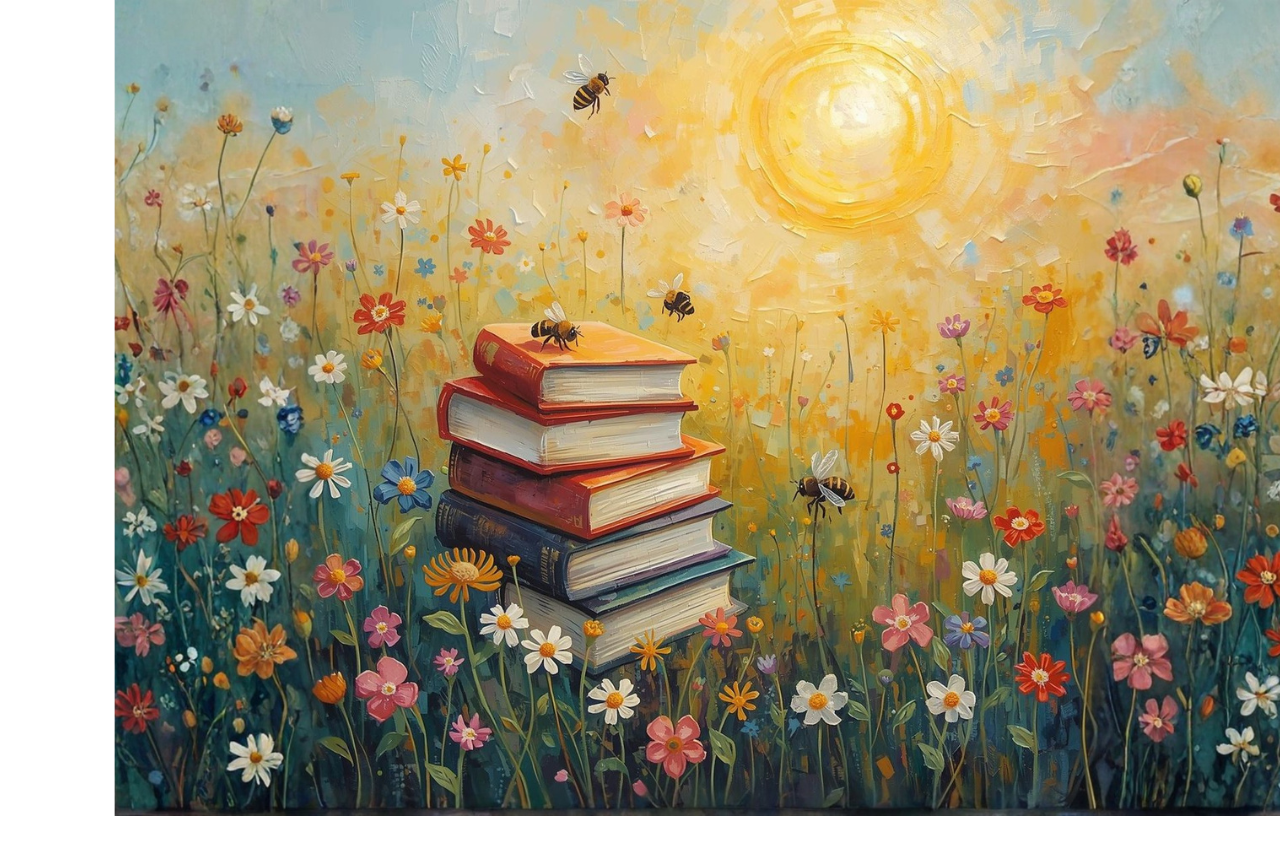 a flowering field with lots of spring flowers, the sun high in the sky and bees near a stack of books