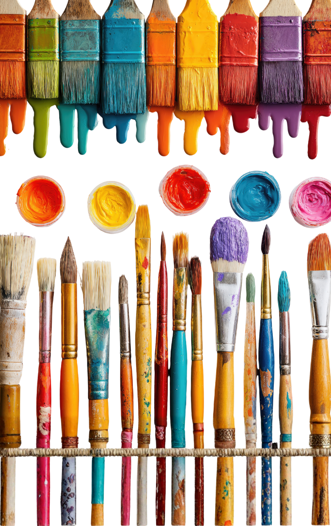 a variety of paint brushes dripping with paint