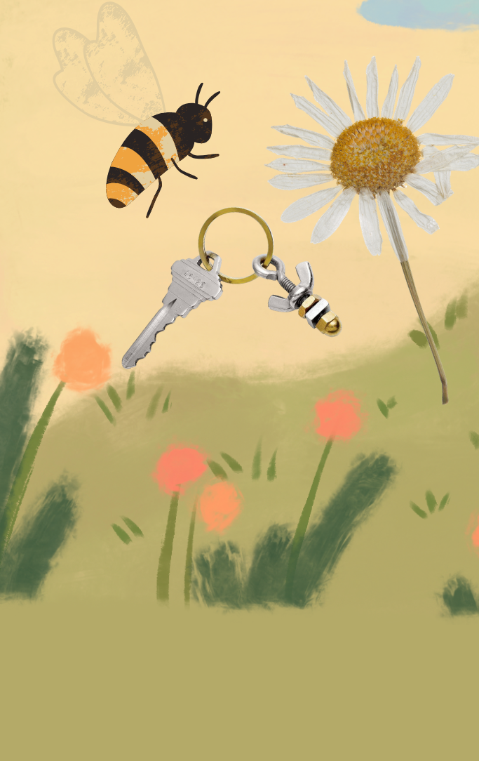 a bee flying through a spring field next to a creative keychain made out of nuts and bolts