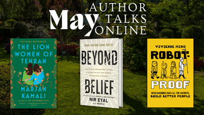 grassy land with trees advertising books for the may author talks series