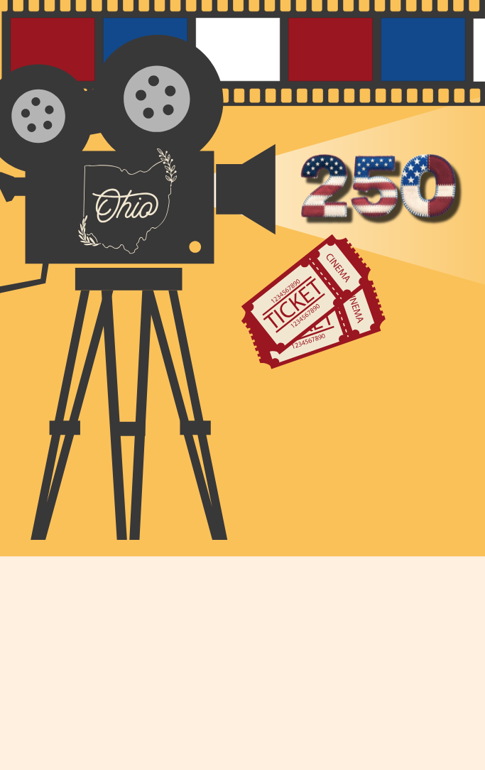 a movie camera filming an Ohio 250 sign, a reel with the film in red, white, and blue to mirror the 250 sign