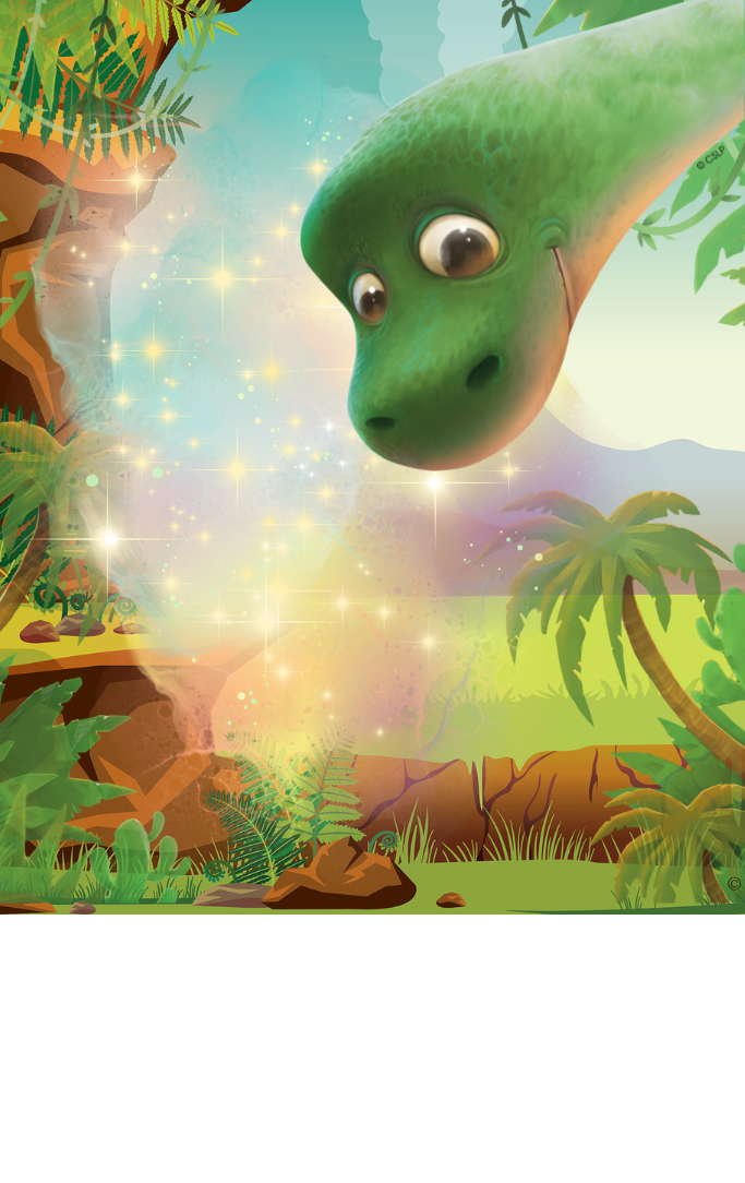 a dinosaur head emerging from a tropical setting with a magical light behind it