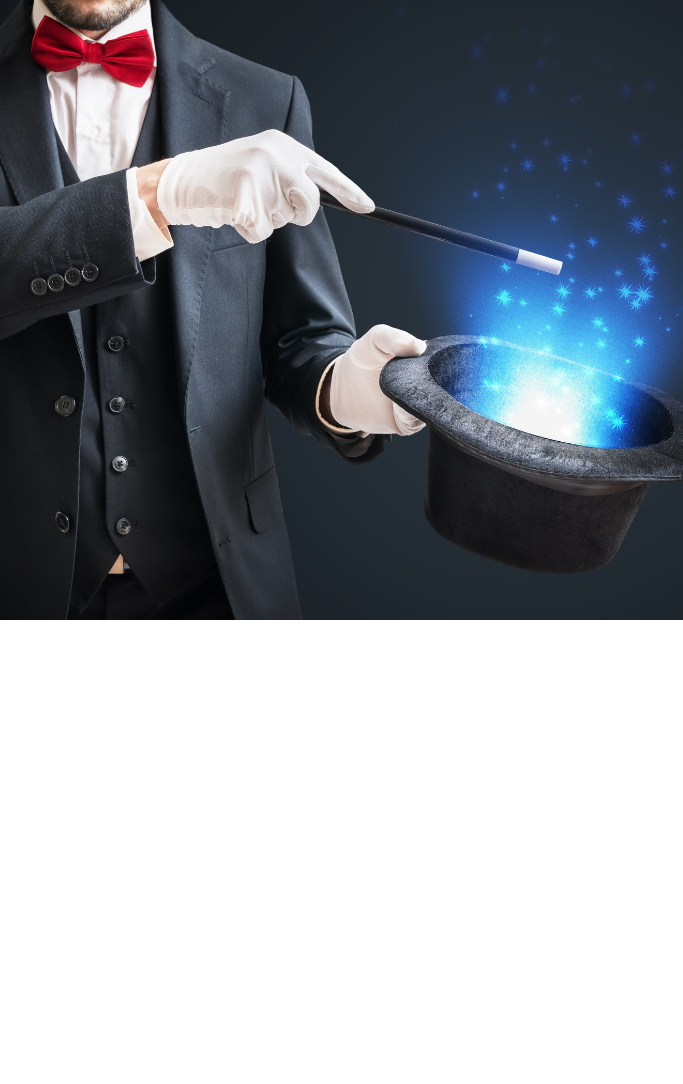 man with gloves holding a magic hat with light coming from it