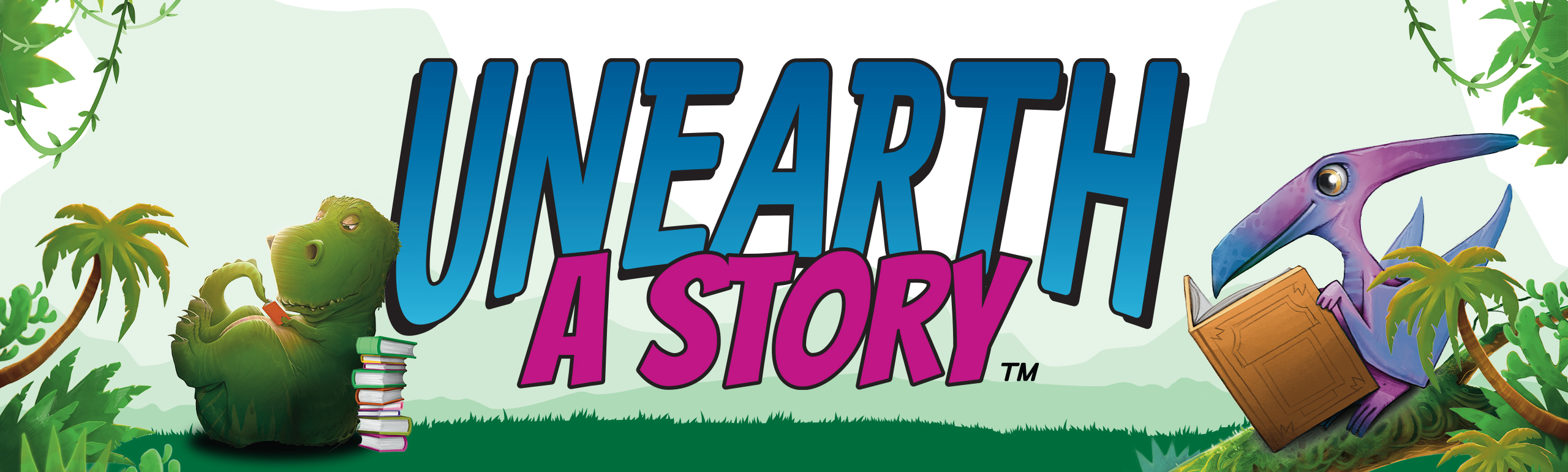 unearth a story them with two dinosaurs reading books 