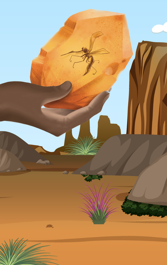 hand holding an amber fossil with an insect inside of it in front of a sandy and rocky scene