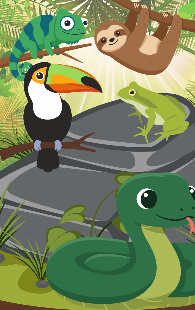 cartoon animals in a jungle scene