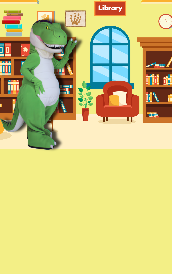  a friendly dinosaur in front of a shelf of books in the library