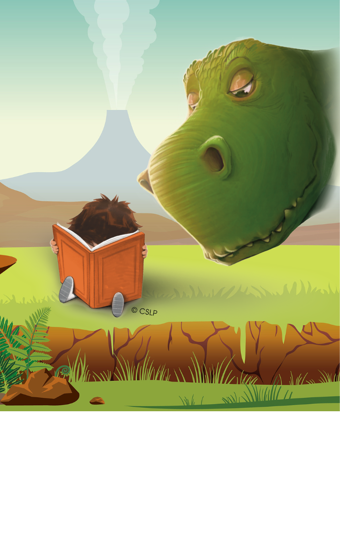 a T-Rex peering over the shoulder of a child reading a book