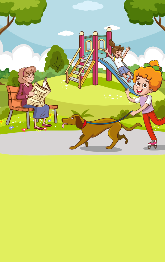a child walking a dog at the park and a woman reading on a bench