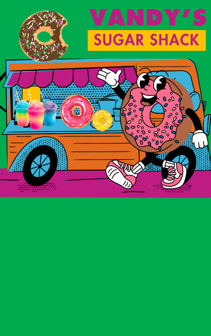 food truck with donuts, drinks, and a cartoon dancing donut