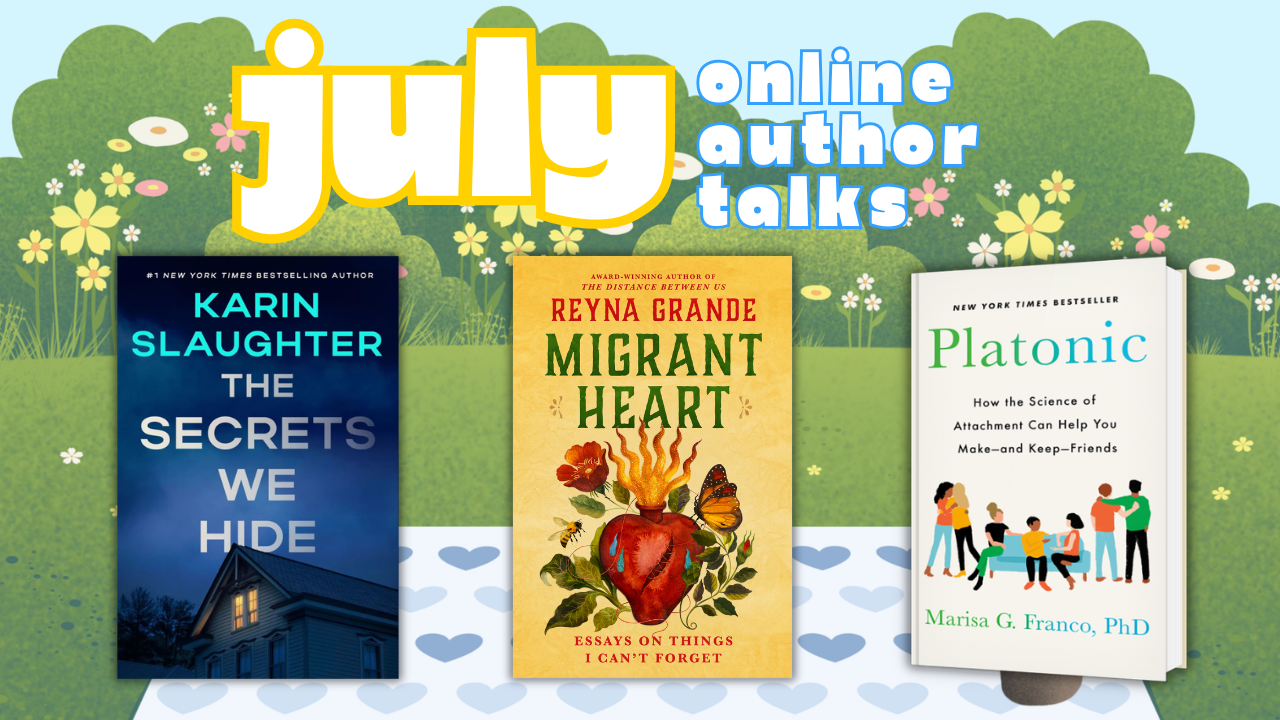 a summer cartoon field with a heart-patterned picnic blanket with three books highlighted