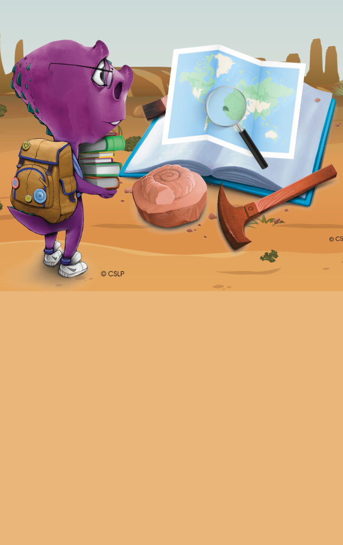 dinosaur on an adventure with a stack of books, a map, and a magnifying glass