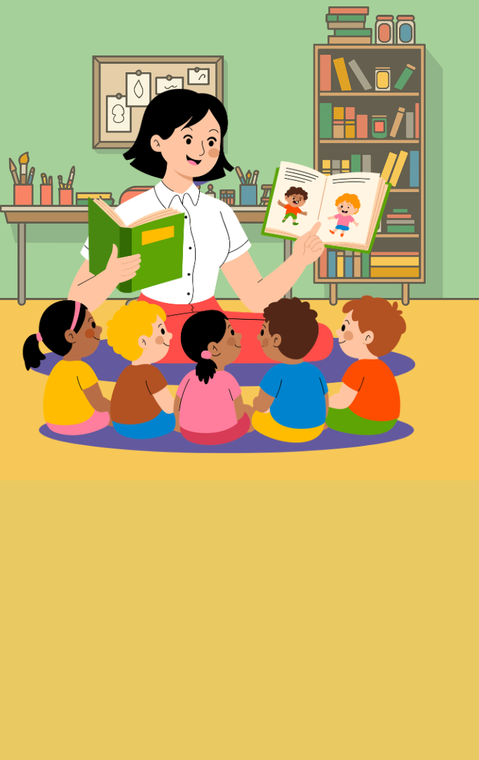 cartoon of woman reading to children in a circle.