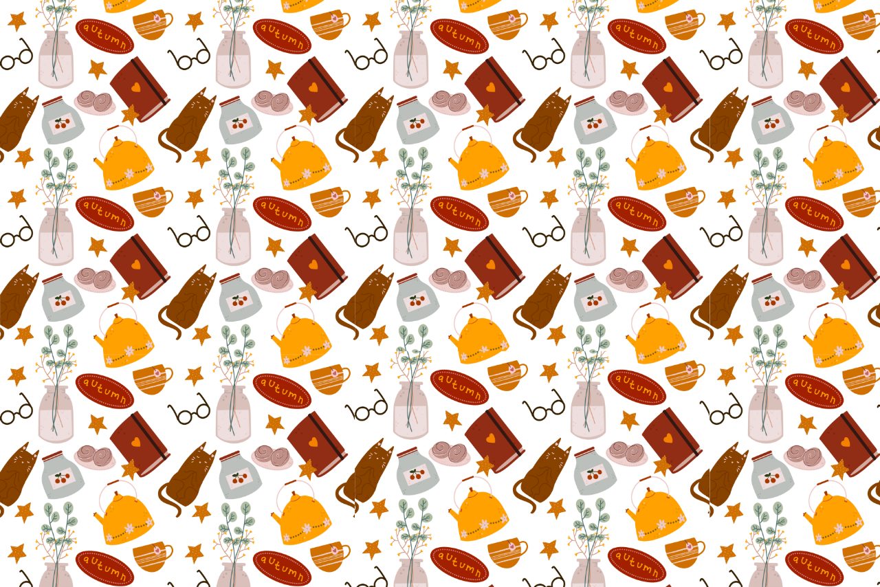 cute cats, tea pots, leaves, and flowers that remind you of fall