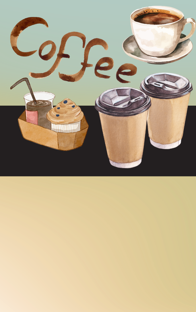 watercolor illustrations of a coffee mug, a travel coffee cup, and baked goods