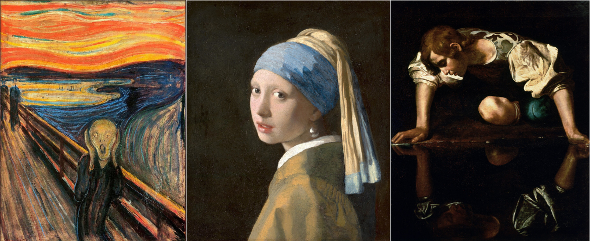 Three paintings in a row by Munch, Vermeer, and Caravaggio