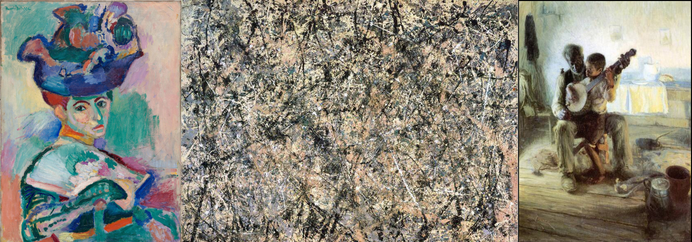 Three paintings in a row by Henri Matisse, Jackson Pollock, and Henry Ossawa Tanner