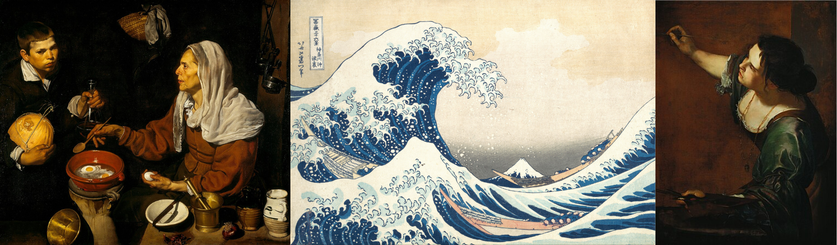 Three paintings in a row by Diego Valázquez, Katsushika Hokusai, and Artesmisia Gentileschi