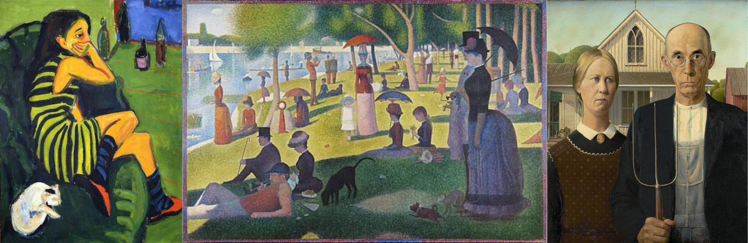 Three paintings in a row by Edward Kirchner, Georges-Pierre Seurat, and Grant Wood  and 