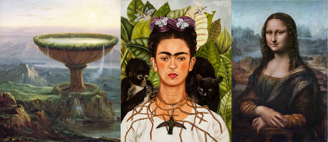Three paintings in a row by Thomas Cole, Frida Kahlo, and Leonardo da Vinci